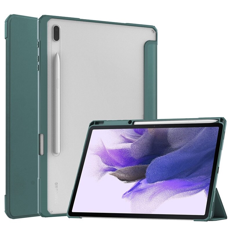 เคส Samsung Galaxy Tab S7 FE 12.4"(T730,T736) #เคสฝาพับปกหนัง PU แบบ 3 พับด้านหลังใส พับตั้งได้มีช่องใส่ปากกา Leather Tri-fold Stand Shell Cover with Auto Sleep