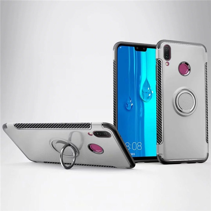 เคส Huawei Y9 (2019) #เคสฝาหลังขอบ Carbon Fiber Texture TPU มีแหวนสวมนิ้ว