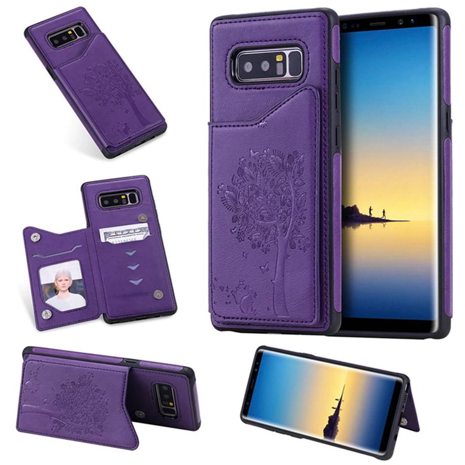 Case Samsung Galaxy S10 Plus #เคสฝาหลังไฮบริดผิวเคลือบหนัง PU พร้อมช่องเสียบการ์ดลายแมวและต้นไม้