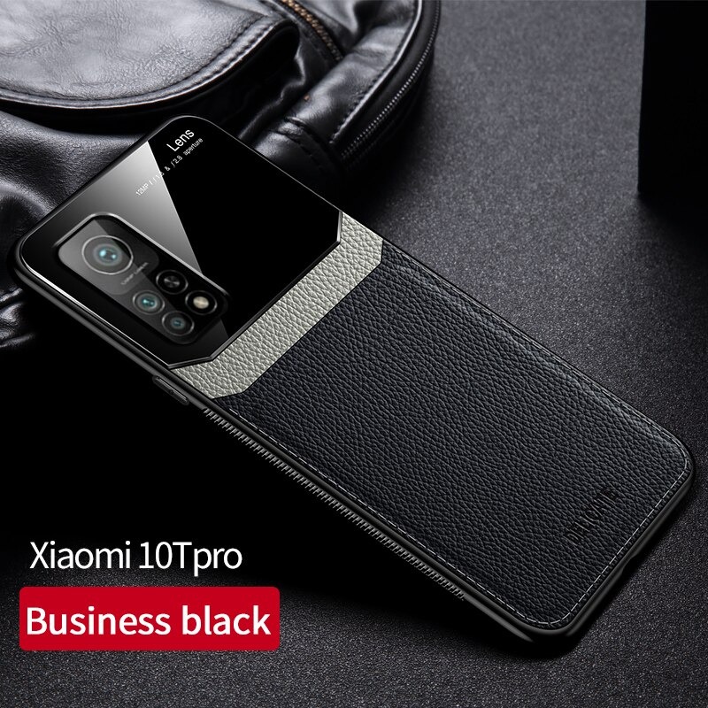 Case Xiaomi Mi 10T Pro #เคสฝาหลังไฮบริด PU +TPU + glass สีทูโทน Shockproof Leather Mirror Glass Silicone Phone Back Cover