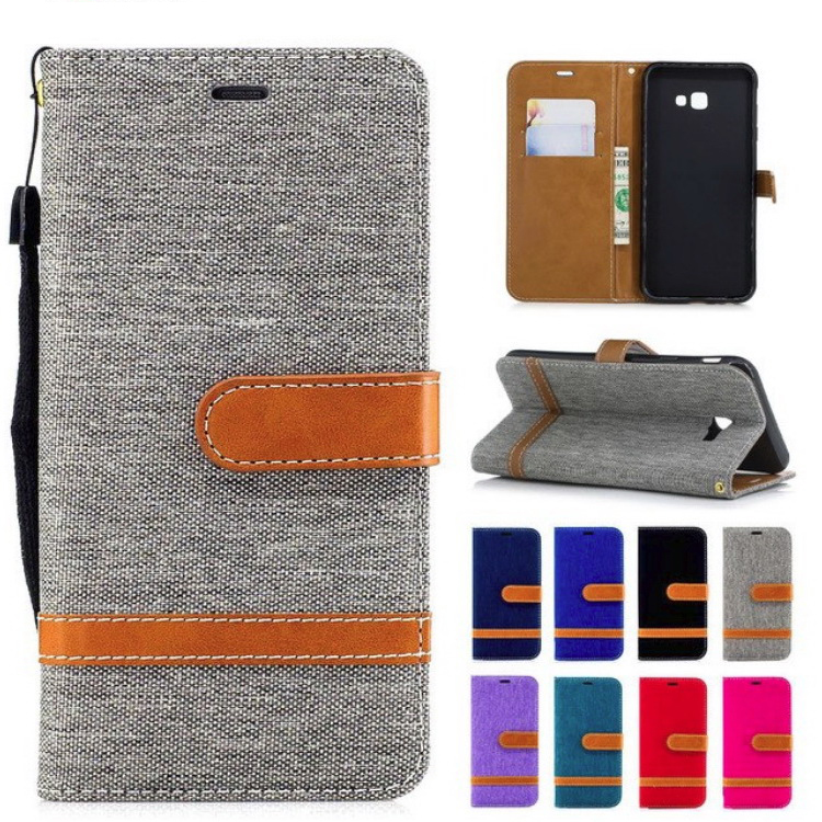 Case Samsung Galaxy J4+ #เคสฝาพับหนัง PU พร้อมสายคล้องมือ สีสันสดใส Splicing Jean Cloth PU Leather