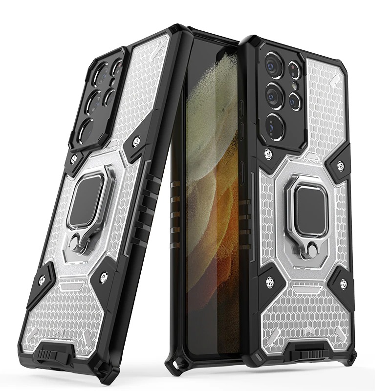 เคส Samsung Galaxy S22 Ultra 5G #เคสฝาหลังกันกระแทกมีแหวนสวมนิ้ว Hybrid Hard PC Soft TPU Bumper Protective Case with 360 Rotation Kickstand