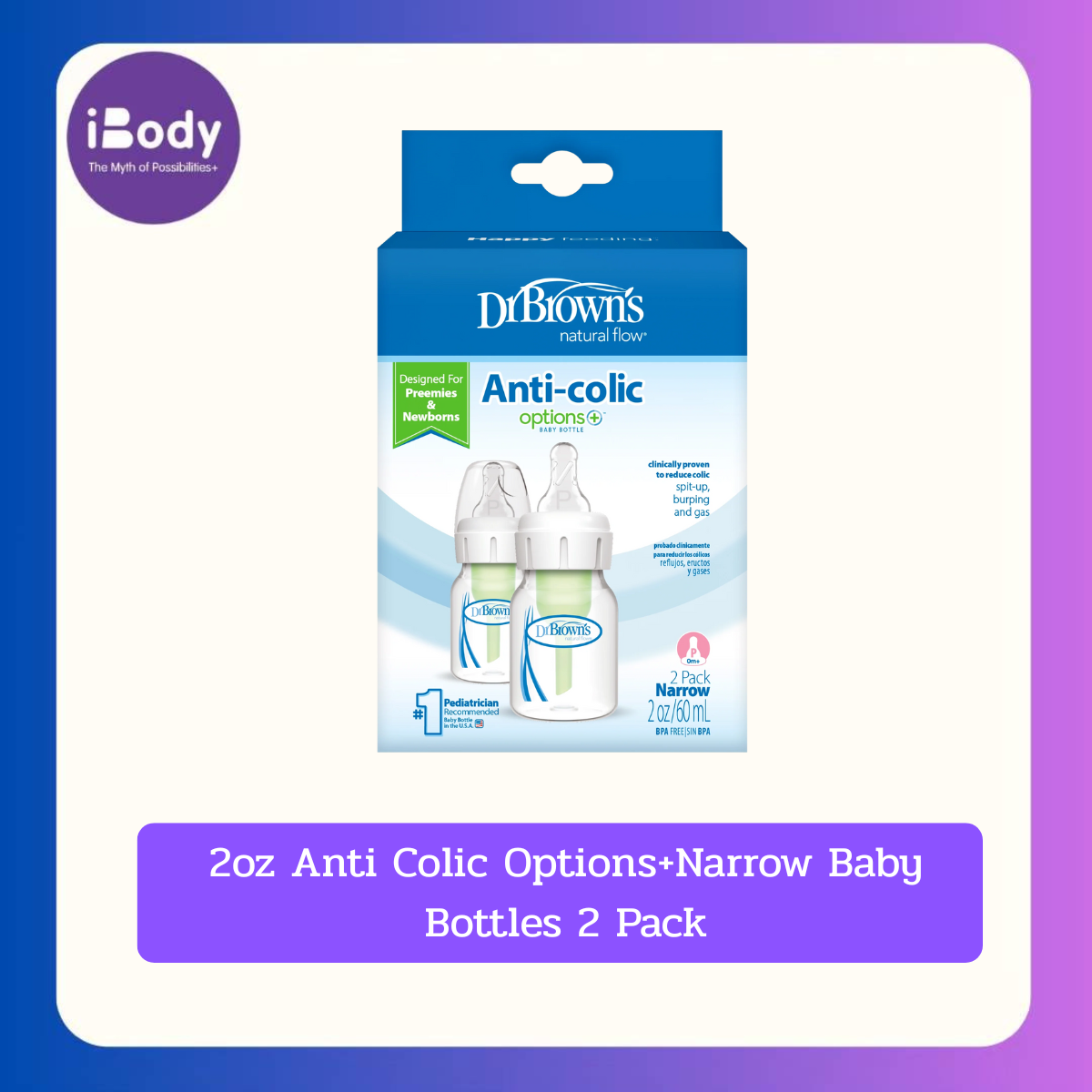 Dr.Brown’s® 2oz Anti Colic Options+Narrow Baby Bottles 2 Pack ขวดนมลดอาการโคลิค น้ำลายไหล คอแคบ สำหรับทารก