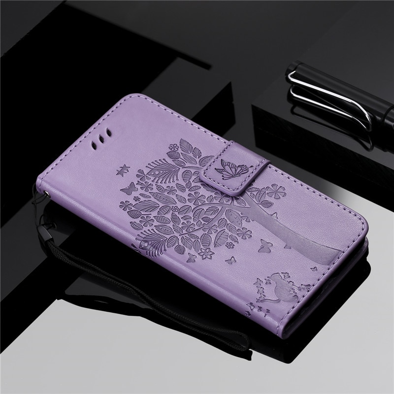 Case Xiaomi Mi 9 SE #เคสฝาพับหนัง PU พิมพ์ลาย Imprint Cat and Tree Pattern Leather Protection Cover