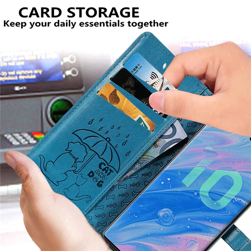 เคส Samsung Galaxy Note 10+ #เคสฝาพับลายการ์ตูนย์แถบปิดแม่เหล็กพับตั้งได้ Cat And Dog Pattern Card Slot Wallet Phone Case