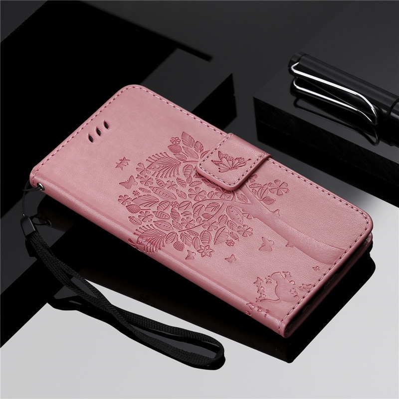 Case Xiaomi Mi 9 SE #เคสฝาพับหนัง PU พิมพ์ลาย Imprint Cat and Tree Pattern Leather Protection Cover