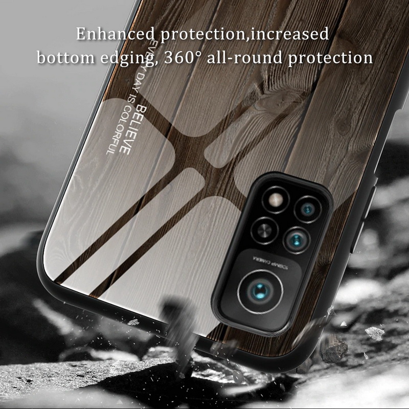 เคส Xiaomi Mi 10T Pro #เคสฝาหลังกระจกลายผิวไม้ Case Hard Tempered glass Wood grain protect Back Cover