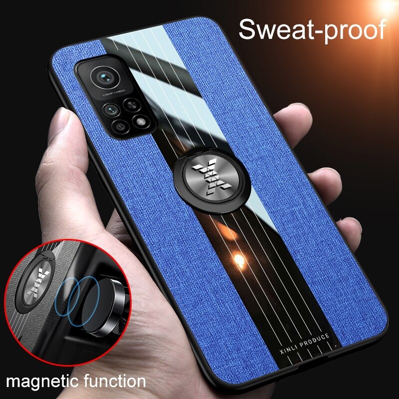 เคส Xiaomi Mi 10T #เคสฝาหลังเคลือบผ้าเนื้อมีแหวนสวมนิ้ว TPU ไฮบริด+อะคริลิ + แหวนโลหะ