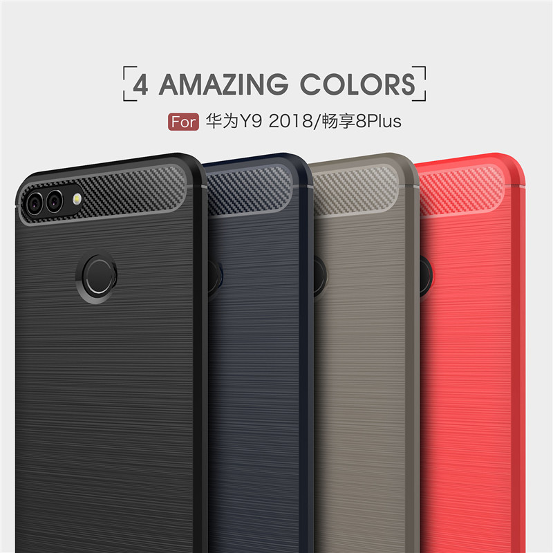 เคส Huawei Y9 (2018) #เคสฝาหลังตกแต่งคาร์บอนไฟเบอร์ ผิวขัดแปรง Brushered TPU Back Case