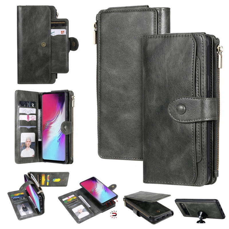 Case Samsung Galaxy S10+ #เคสฝาพับแบบแยกส่วนสไตล์กระเป๋าสตางค์มีช่องใส่บัตรหลายช่อง Multi-slot Zippered Luxury Flip Stand Card Leather Wallet Cover Separable Case Cover
