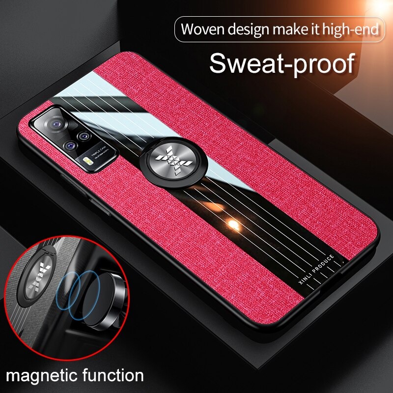 เคส Vivo Y31 2021 #เคสฝาหลังเคลือบผ้าเนื้อมีแหวนสวมนิ้ว TPU ไฮบริด+อะคริลิ + แหวนโลหะ Fashion Woven Cloth Casing Finger Ring Holder Back Case