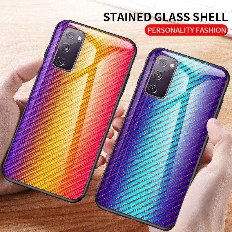 เคส Samsung Galaxy S20 FE / S20 FE 5G #เคสฝาหลัง Gradient Color ลายคาร์บอนไฟเบอร์ Carbon fiber texture Glass Hybrid Soft Silicone Cover