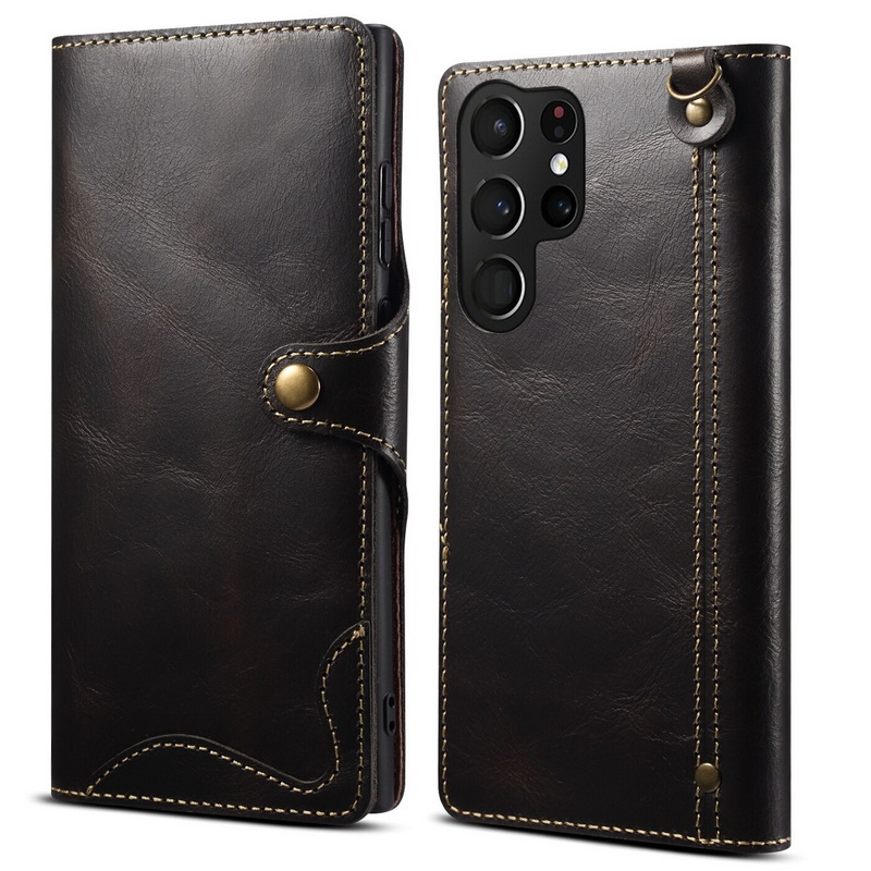 Case Samsung Galaxy S23 Ultra 5G#เคสฝาพับหนังแท้พร้อมสายคล้อง Genuine Wallet Leather Phone Cover with Lanyard