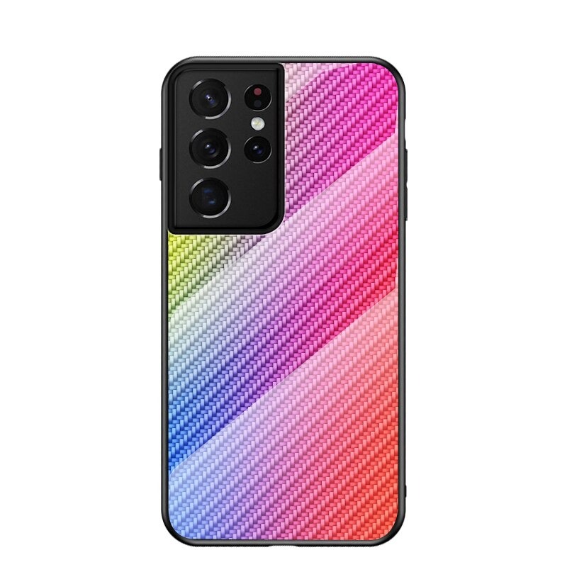 เคส Samsung Galaxy S21 Ultra #เคสฝาหลัง Gradient Color ลายคาร์บอนไฟเบอร์ Carbon fiber texture Glass Hybrid Soft Silicone Cover