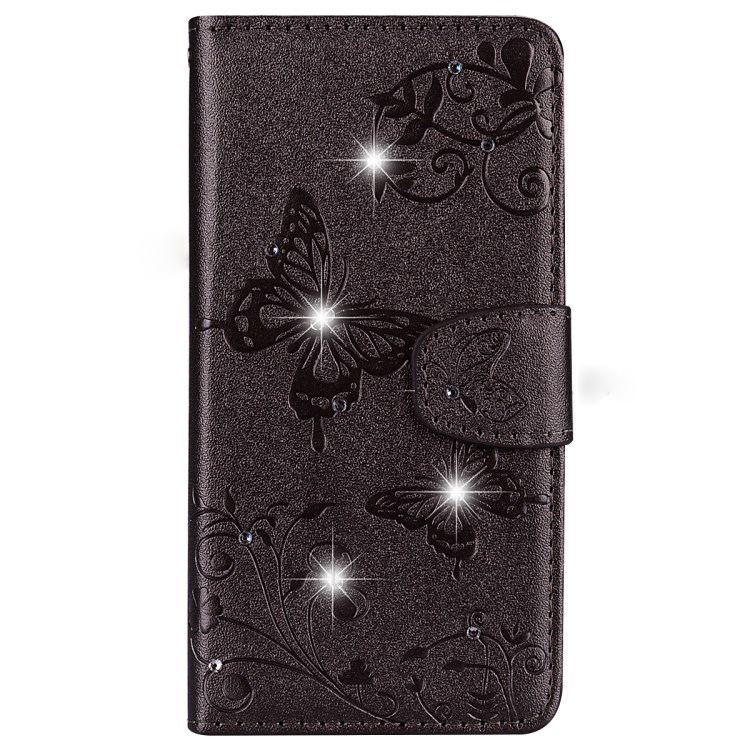 เคส Samsung Galaxy A8 (2018) #เคสฝาพับหนัง PU พิมพ์ลายดอกไม้ผีเสื้อประดับ Rhinestone
