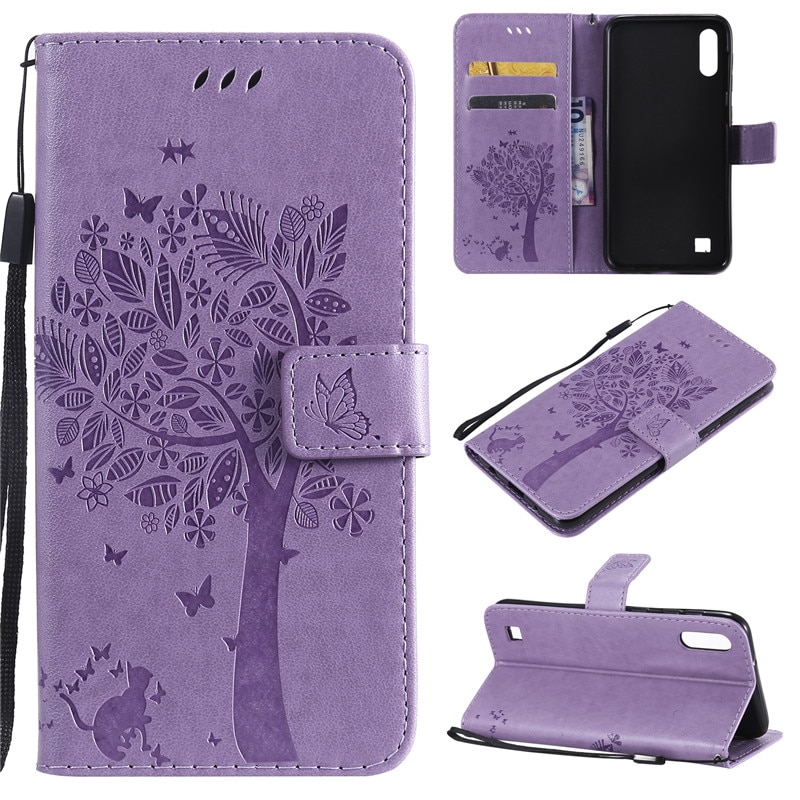 Case Samsung Galaxy A10 #เคสฝาพับหนัง PU พิมพ์ลาย Imprint Cat and Tree Pattern Leather Protection Cover
