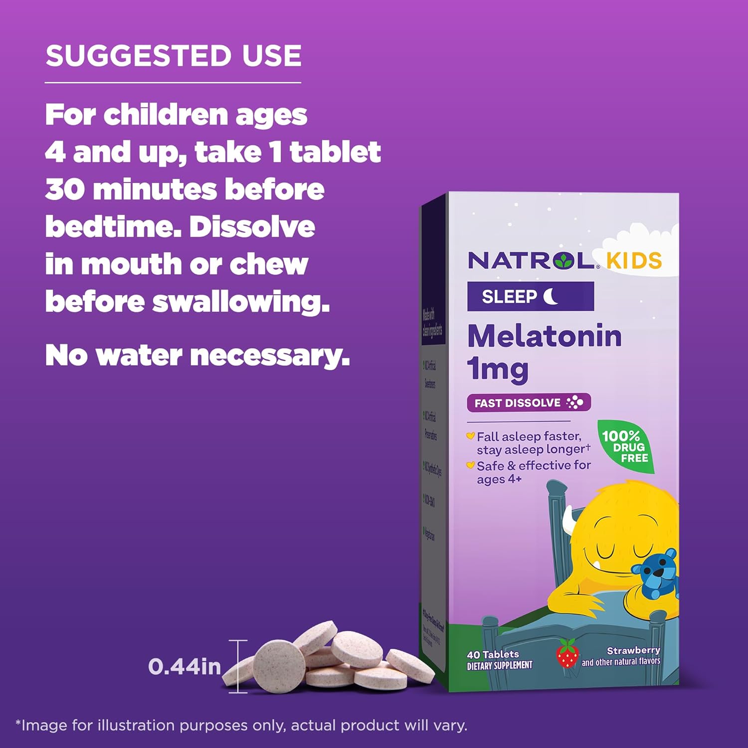 Natrol® Kids Melatonin Fast Dissolve Ages 4 & Up,Strawberry, 30 Tablets สำหรับเด็ก อายุ 4 ปีขึ้นไป ชนิดละลายเร็ว กลิ่นสตรอว์เบอร์รี่