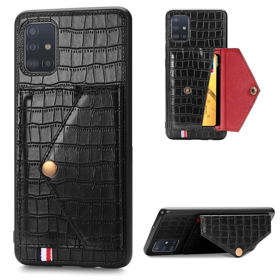 เคส Samsung Galaxy A51 #เคสฝาหลังมีที่วางนามบัตร TPU เคลือบ หนัง PU ผิวหนังจระเข้มีที่เก็บบัตร Crocodile Texture Card Holder Stand PU Leather Coated TPU