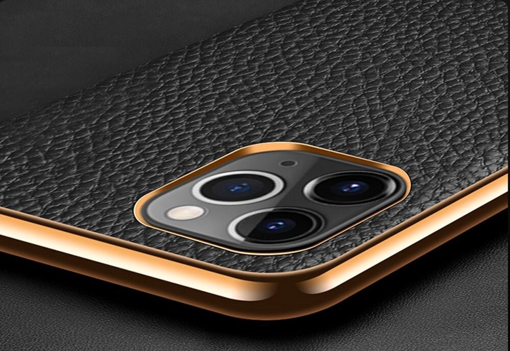 Case iPhone 14#เคสฝาหลังหนังแท้ผิวลิ้นจี่ขอบเงา Luxury genuine leather case with plated ed