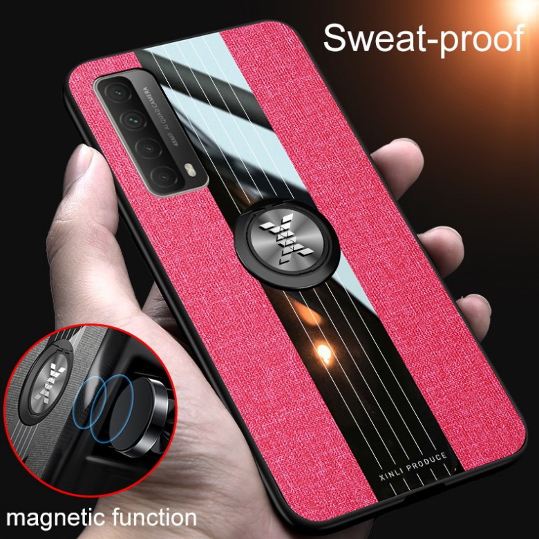 เคส Huawei Y7a #เคสฝาหลังเคลือบผ้าเนื้อมีแหวนสวมนิ้ว TPU ไฮบริด+อะคริลิ + แหวนโลหะ