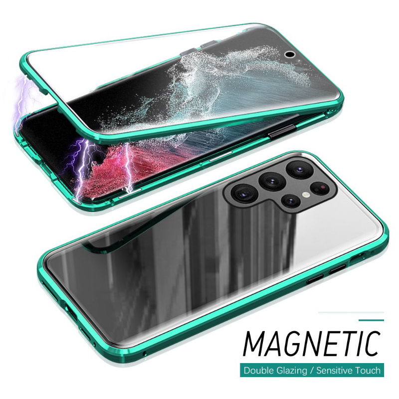Case Samsung Galaxy S23 Ultra 5G #เคสฝาครอบกระจกประกบหน้าหลังขอบโลหะดูดซับแม่เหล็ก Fully Protection Magnetic Adsorption Glass Metal Phone Protective