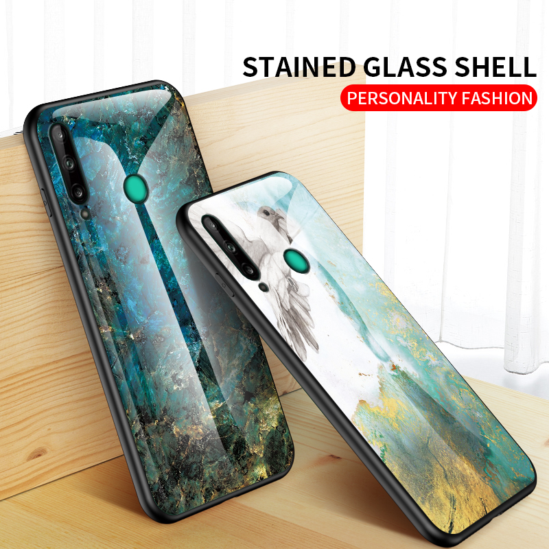 Case Huawei Y7p #เคสฝาหลัง Gradient Color ลายหินอ่อน Glass + PC + TPU Hybrid Case