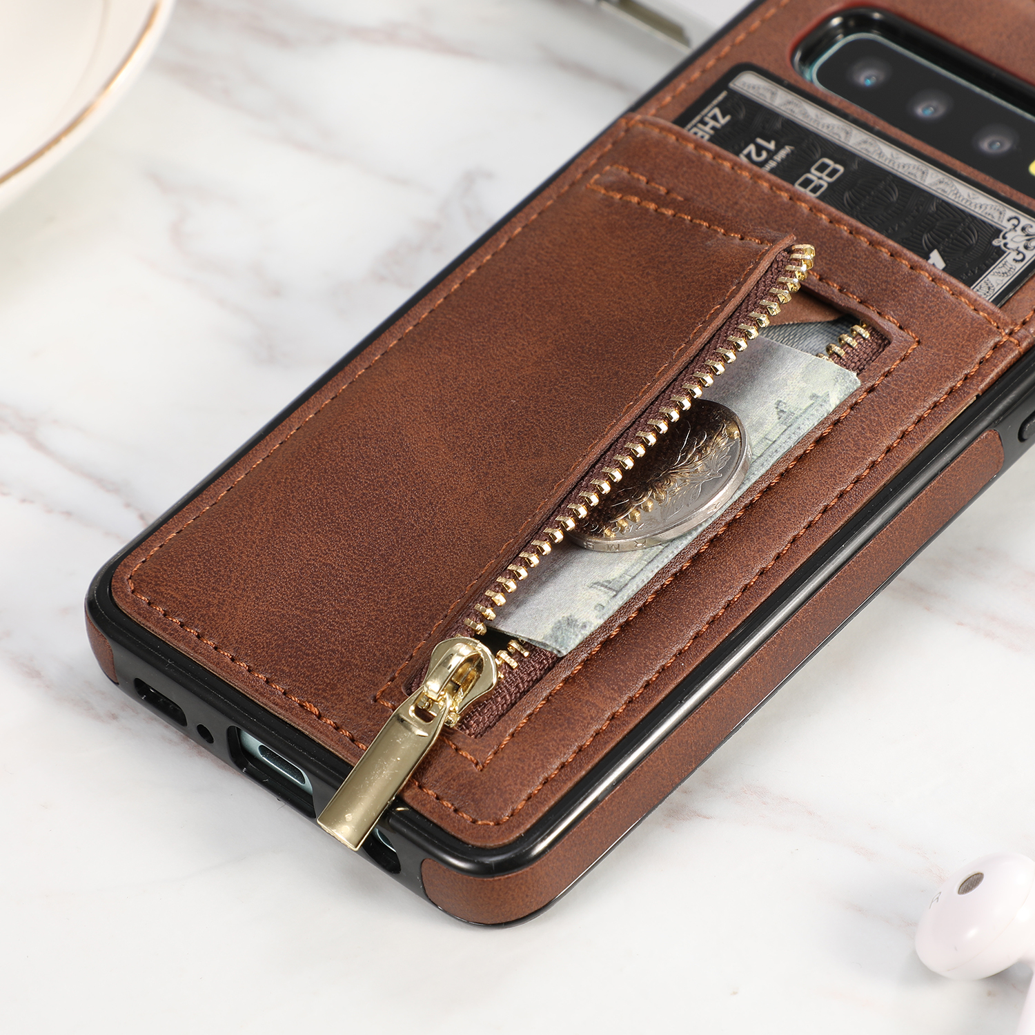 Case Samsung Galaxy S10 #เคสฝาหลังมีช่องใส่บัตรและช่องซิปหนัง PU + เคส TPU