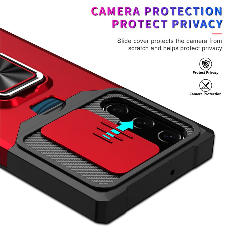 เคส Samsung Galaxy S22 Ultra 5G #เคสฝาหลังกันกระแทก Hybrid Case มัลติฟังก์ชั่นมีแหวนสวมนิ้วแผ่นสไลด์ปิดเลนส์กล้องได้