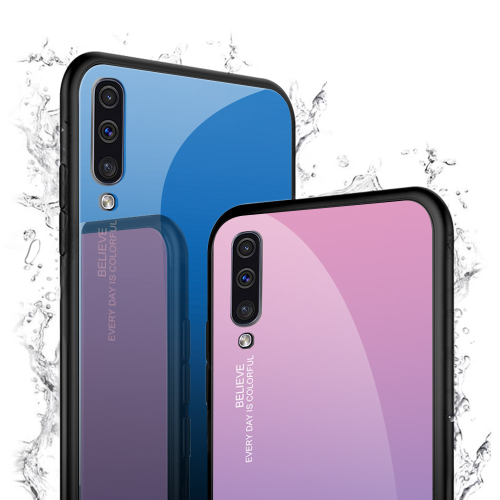 เคส Samsung Galaxy A50 / A50s / A30s #เคสฝาหลัง กระจกสีไล่โทนสี Glass + PC + TPU Hybrid Case