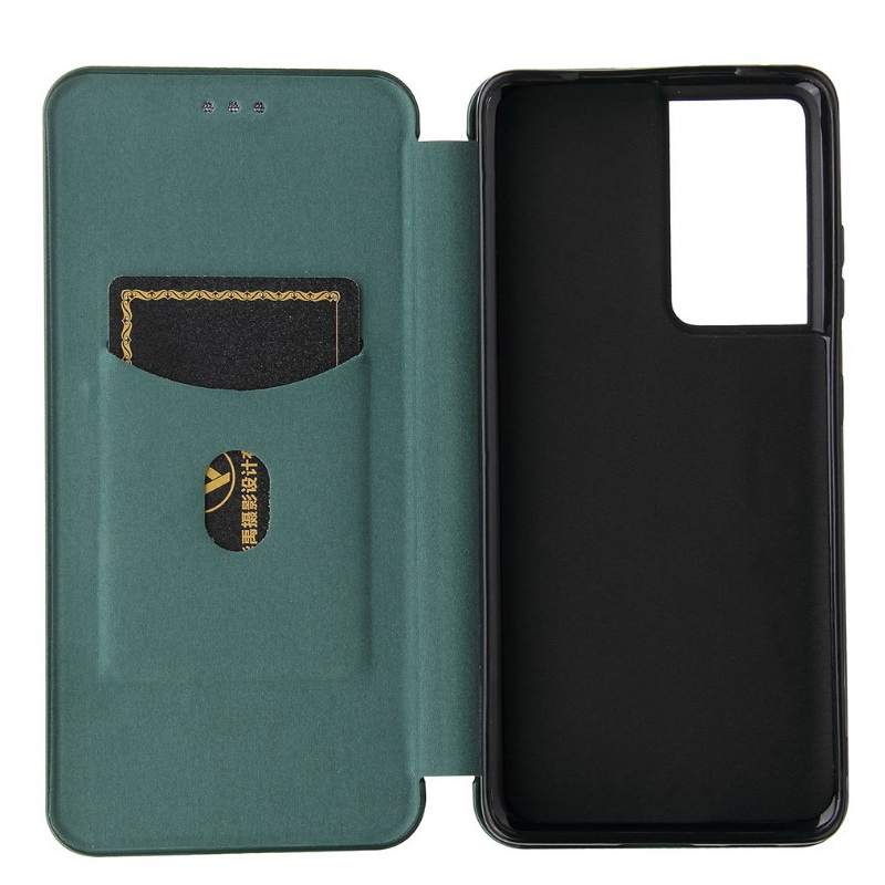 Case Samsung Galaxy S21 Ultra 5G #เคสฝาพับลายคาร์บอนไฟเบอร์มีช่องใส่การ์ด Carbon Fiber Wallet Card Slot Magnet Stand Phone Cover