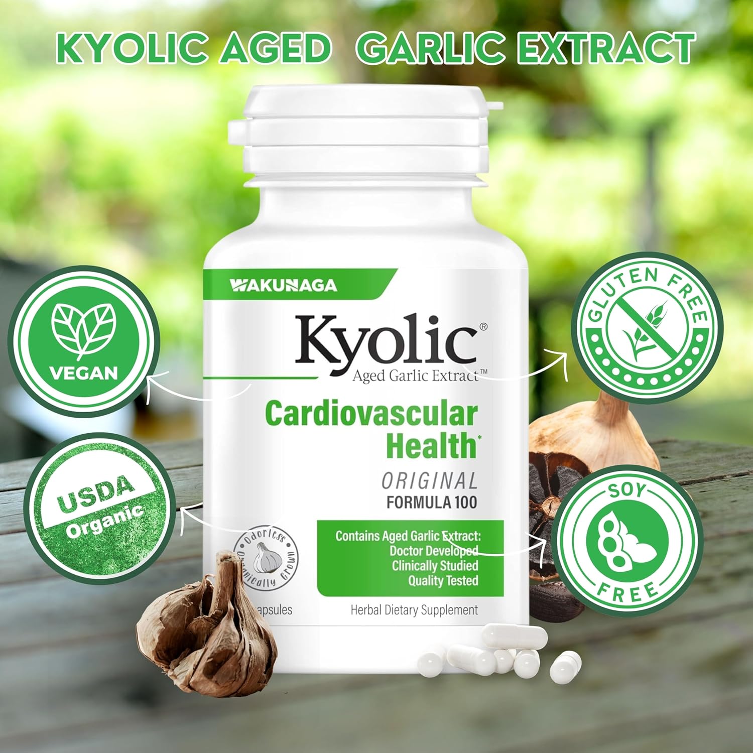 (Wakunaga®) KYOLIC® Aged Garlic Extract™ 100 แคปซูล Kyolic, Aged Garlic Extract, Cardiovascular ไคโอลิค กระเทียมบ่มสกัดไร้กลิน ออร์แกนิค สูตรดั้งเดิม