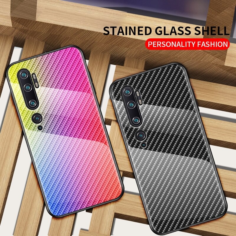 เคส Xiaomi Mi Note 10 Pro #เคสฝาหลัง Gradient Color ลายคาร์บอนไฟเบอร์ Carbon fiber texture Glass Hybrid Soft Silicone Cover