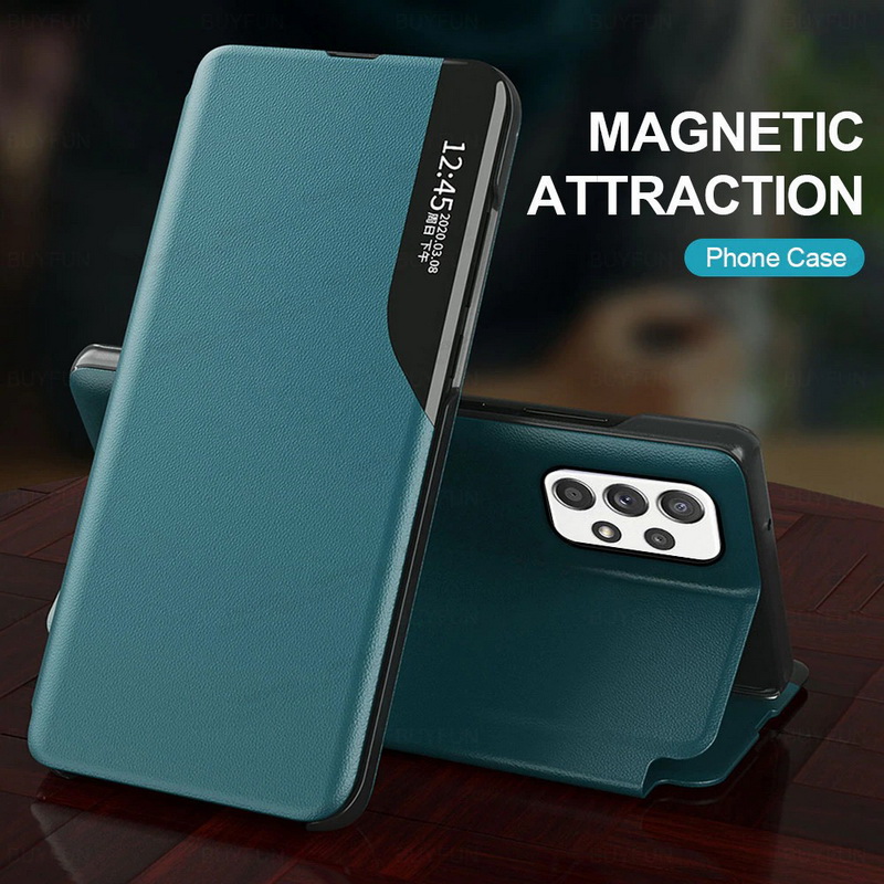 เคส Samsung Galaxy A13 5G#เคสฝาพับเคลือบผิวหนัง PU มีช่องวิวด้านข้างพับวางตั้งได้ Smart Flip kickstand leather Cover