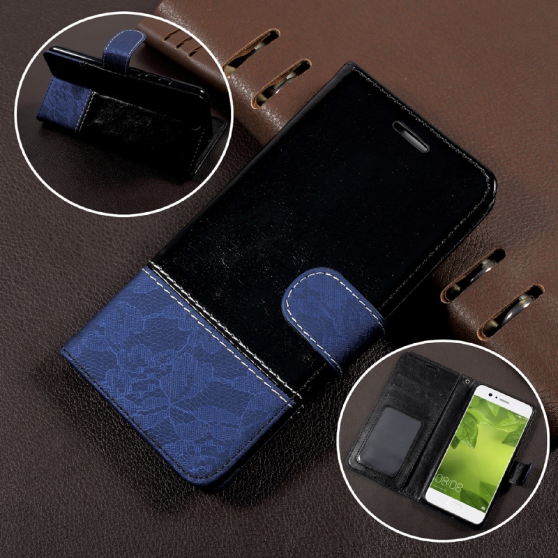 เคส Huawei P10 เคสคอนทราสต์สี แบบกระเป๋าหนัง PU สีดำ-ฟ้าสวยงาม
