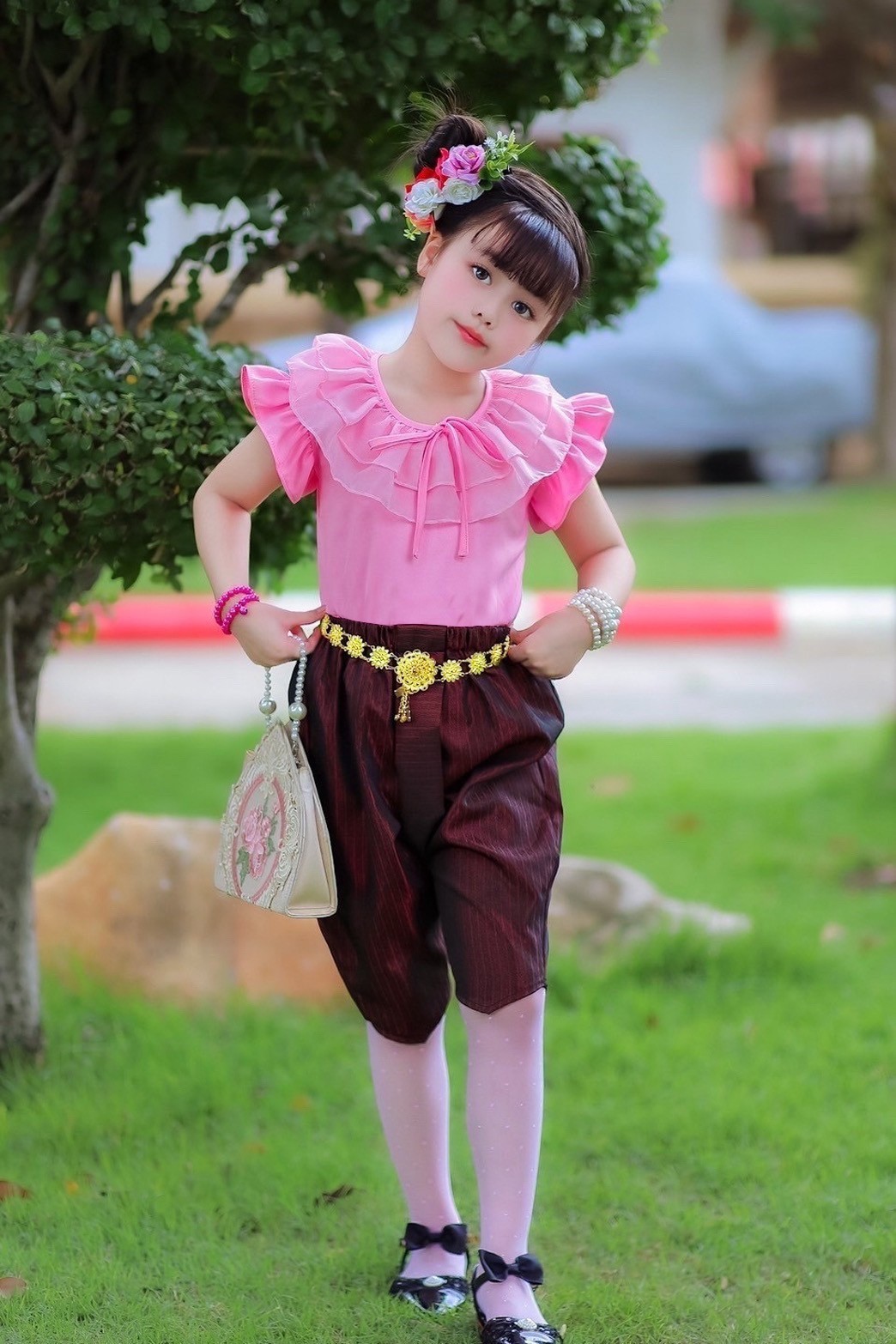 ชุดไทยเด็กหญิงเซท2ชิ้นเสื้อกับโจง