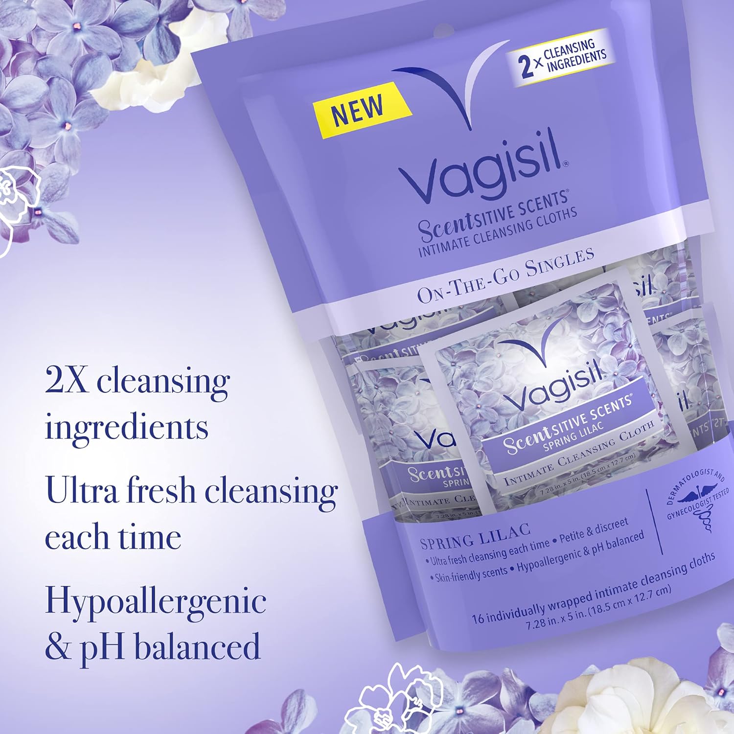 Vagisil® Scentsitive Scents Intimate Cleansing Cloths On-The-Go Singles 16 Wrapped แผ่นเช็ดทำความสะอาดจุดซ่อนเร้น แบบใช้แล้วทิ้ง