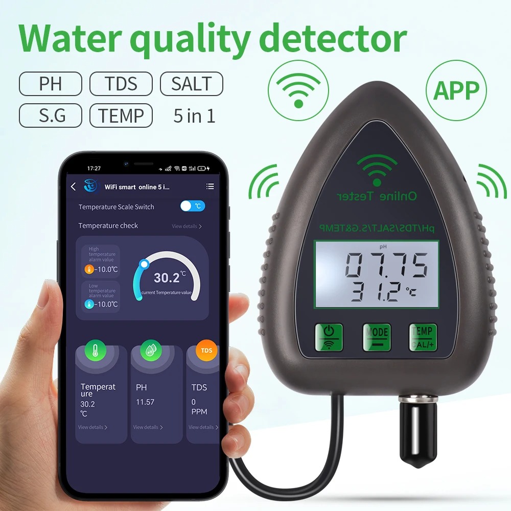 เครื่องตรวจจับคุณภาพน้ำดิจิตอล WiFi, เครื่องทดสอบความเค็ม TDS EC SG TEMP 5 in 1 Water Quality Tester