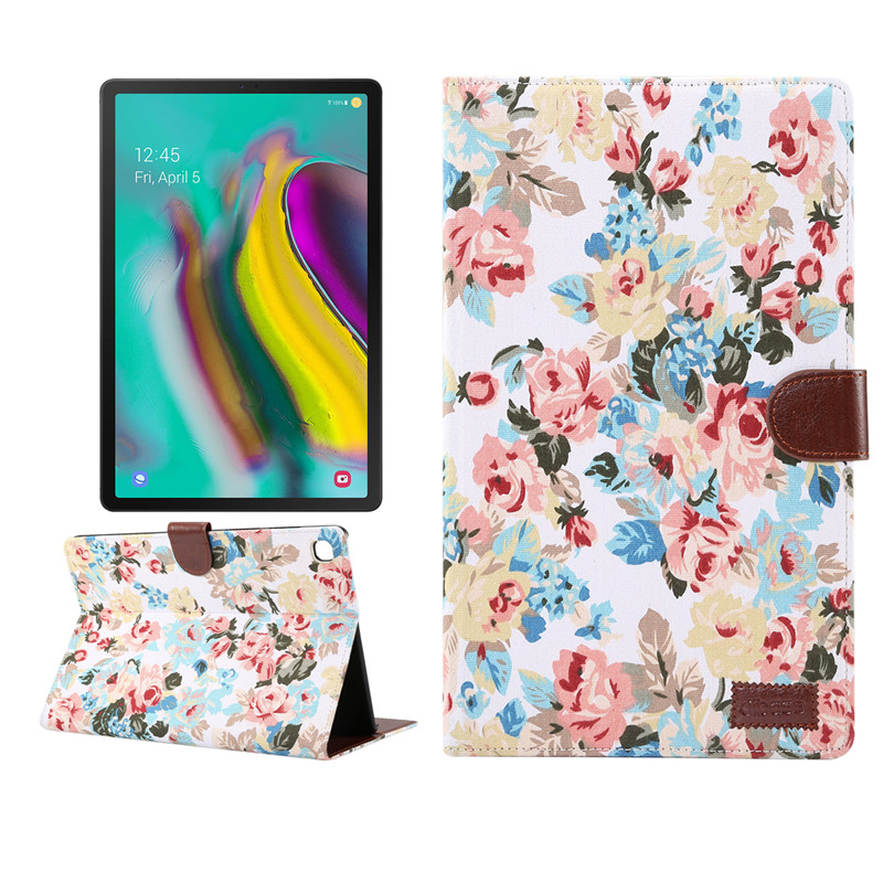 Case Samsung Galaxy Tab S5e SM-T720 / T725 #เคสฝาพับแบบกระเป๋าสตางค์หนัง PU ผิวผ้าลายดอกไม้ Flower Cloth Skin PU Leather Wallet