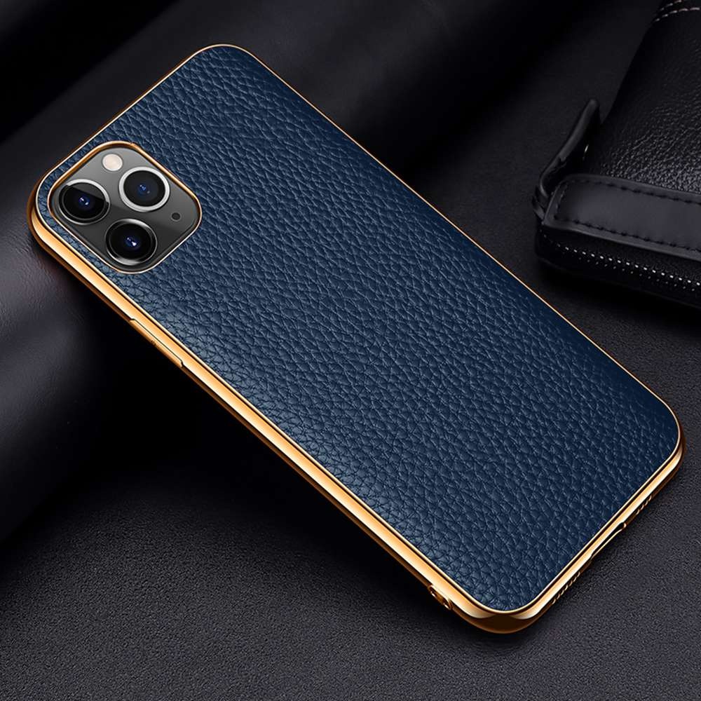 Case iPhone 14 Pro #เคสฝาหลังหนังแท้ผิวลิ้นจี่ขอบเงา Luxury genuine leather case with plated ed