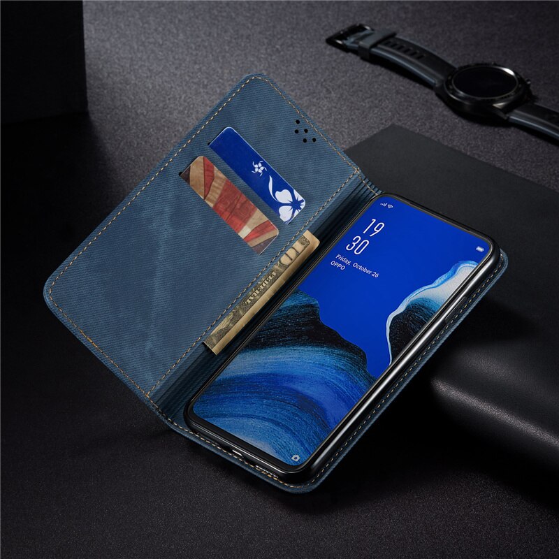 Case OPPO Reno 2F #เคสฝาพับสไตล์ย้อนยุคผิวผ้ายีนส์แบบกระเป๋าสตางค์