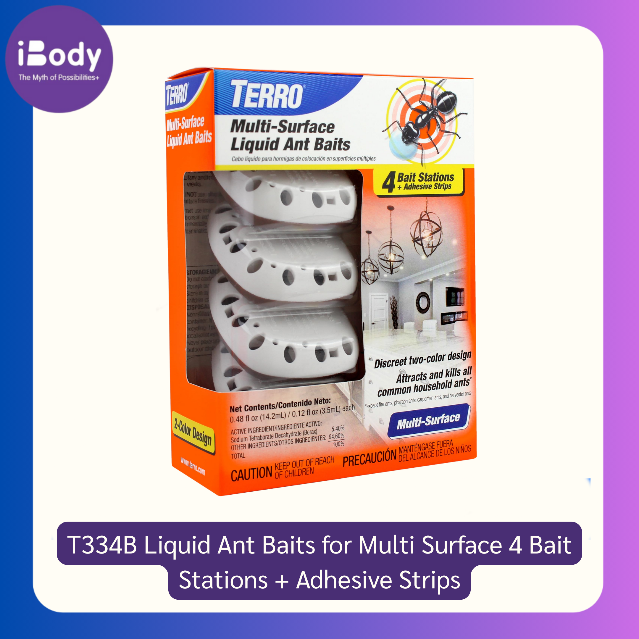 ผลิตภัณฑ์กำจัดมด T334B Liquid Ant Baits for Multi Surface 4 Bait Stations + Adhesive Strips (TERRO®)
