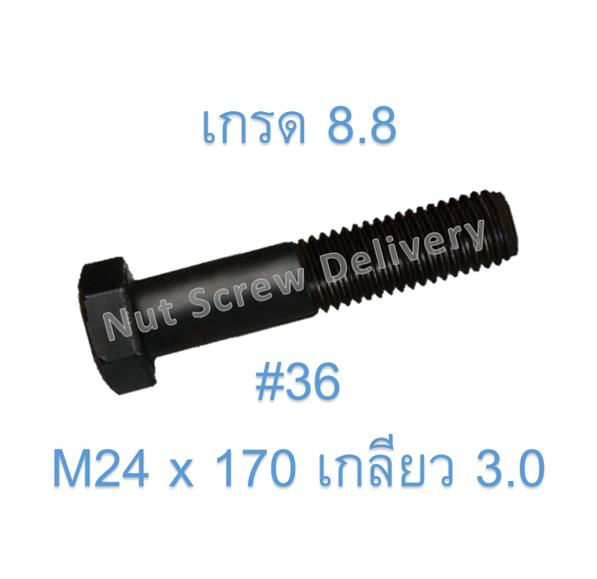 สกรูหัวเหลี่ยมมิลดำ M24 x 170 (เกลียว 3.0) ขอบ #36 เกรด 8.8