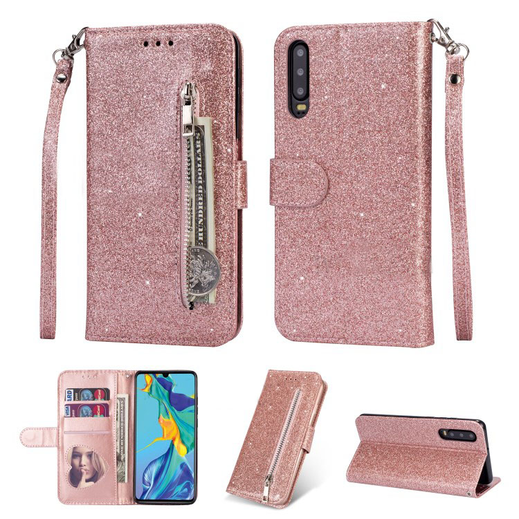 เคส Huawei P30 #เคสฝาพับแบบกระเป๋าเงินหนังกลิตเตอร์ พร้อมสายรัด Glitter Powder Zippered Stand Leather Wallet Case with Strap