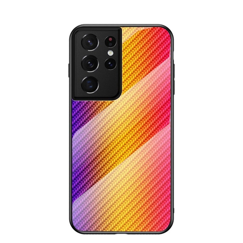 เคส Samsung Galaxy S21 Ultra #เคสฝาหลัง Gradient Color ลายคาร์บอนไฟเบอร์ Carbon fiber texture Glass Hybrid Soft Silicone Cover