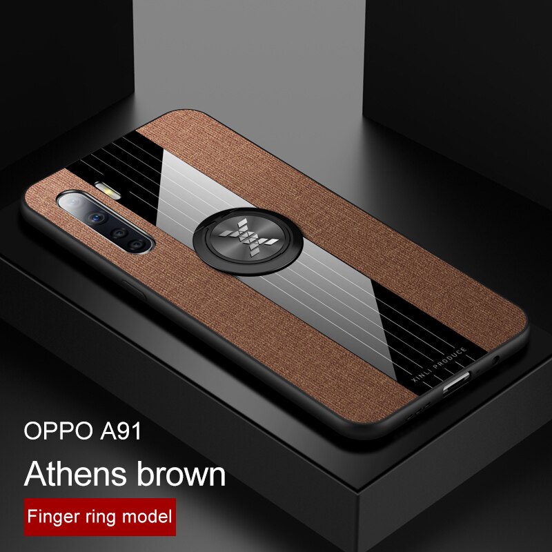 เคส OPPO A91#เคสฝาหลังเคลือบผ้าเนื้อมีแหวนสวมนิ้ว TPU ไฮบริด+อะคริลิ + แหวนโลหะ [ในตัวแผ่นโลหะแม่เหล็ก]