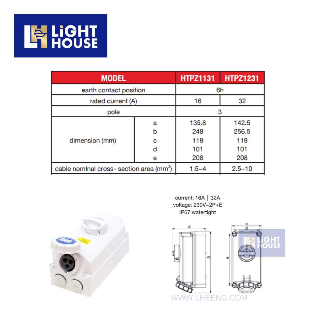 "DAKO" HTPZ1231 เต้ารับพร้อมสวิทช์อินเตอร์ล็อกกันน้ำ (2P+E) 32A 6H IP67 230V (SWITCHED & INTERLOCKED SOCKETS IP67)