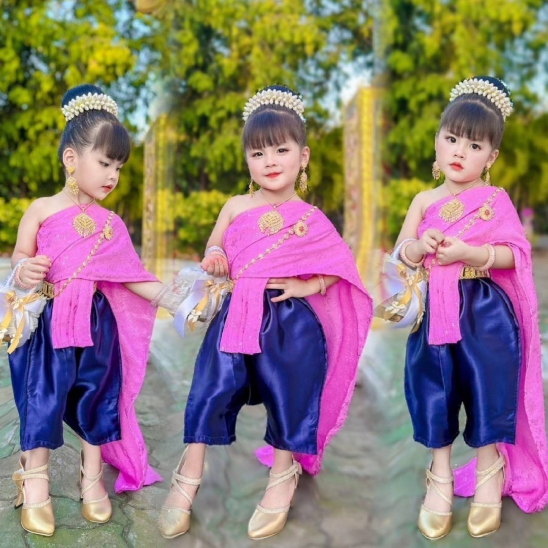 ชุดไทยเด็กหญิง สไบสีหวานกับโจงสีพื้น