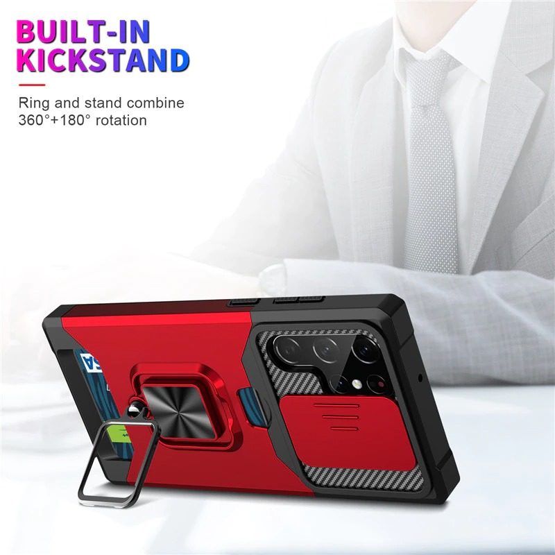 เคส Samsung Galaxy S22 Ultra 5G #เคสฝาหลังกันกระแทก Hybrid Case มัลติฟังก์ชั่นมีแหวนสวมนิ้วแผ่นสไลด์ปิดเลนส์กล้องได้