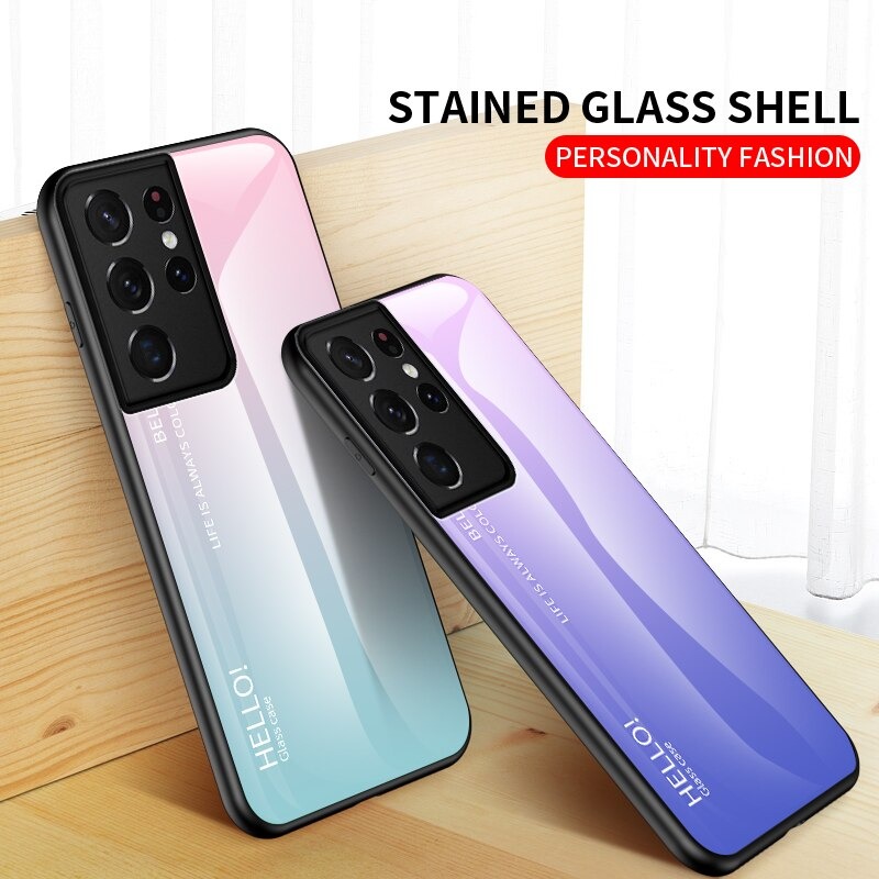 Case Samsung Galaxy S21 Ultra 5G #เคสฝาหลัง Gradient Color Glass + PC + TPU Hybrid Case