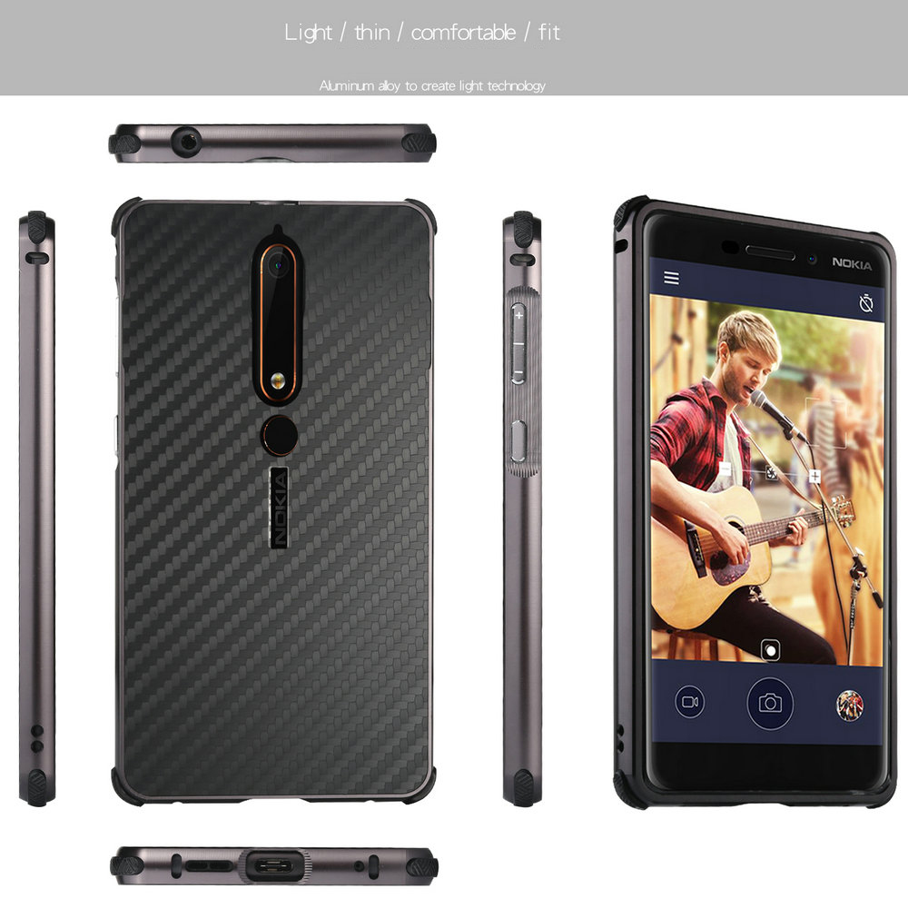 เคส Nokia 6.1 2018 (5.5 นิ้ว) #เคสฝาหลังขอบกันชนโลหะ Electroplated + Carbon Panel แผ่นหลังพลาสติกเลื่อนสไลด์